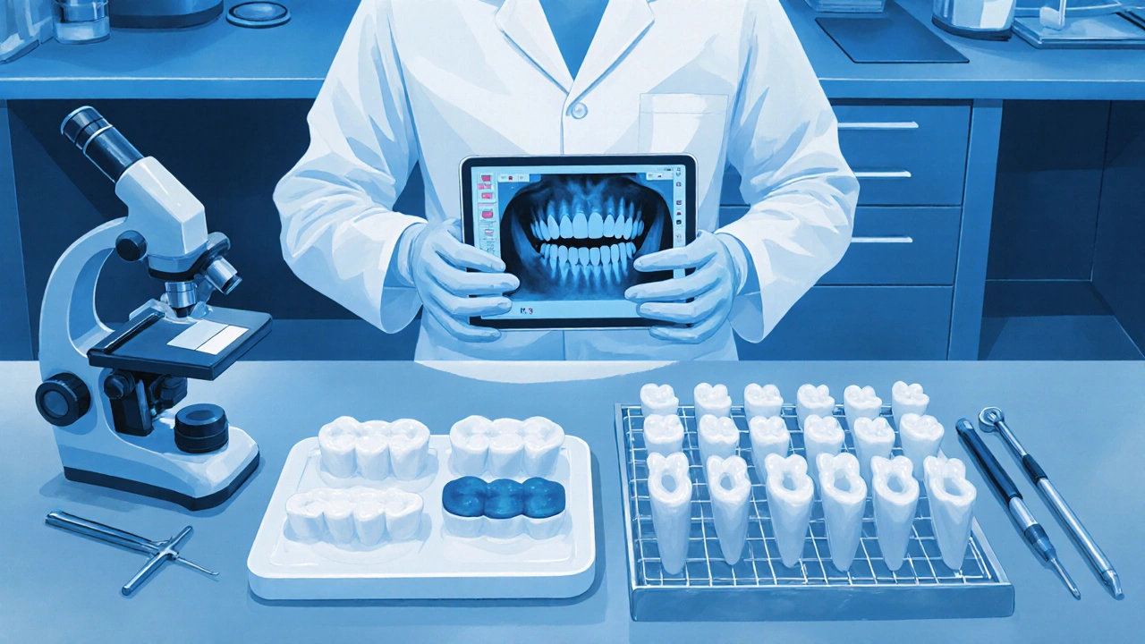 Dentální laboratoř s technikem, digitálním skenem a vzorky porcelánových i kompozitních fazet.