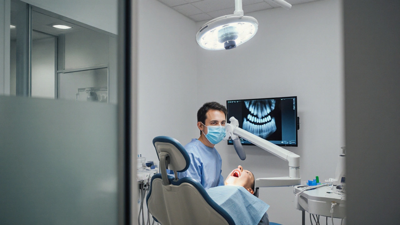 Dentista provádí urgentní zákrok na pacientovi v moderní klinice v Praze.