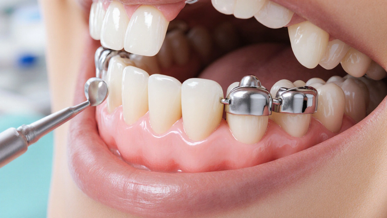 Detail zubní protézy s kovovými západkami připevněnými k přirozeným zubům.