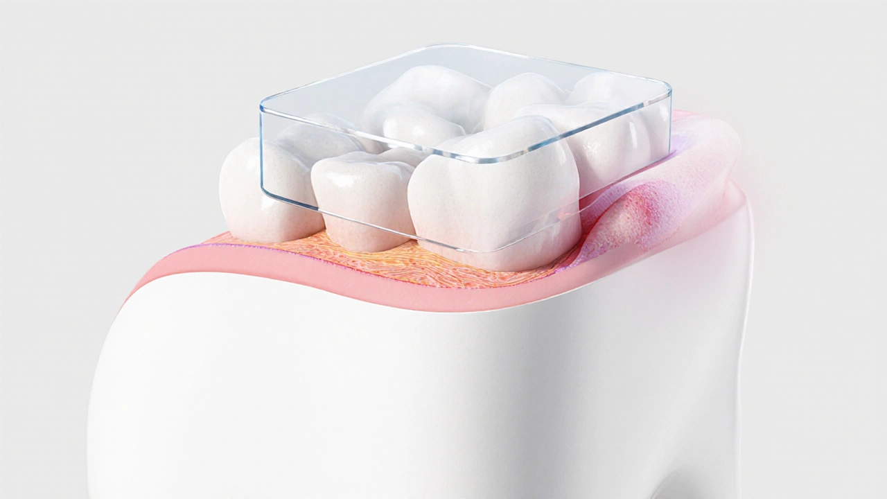 Detailní řez zubu ukazuje tenkou sklovinu pod porcelánovou fazetou a podrážděné dásně.