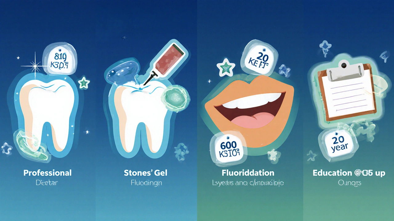 Ikony čtyř dentálních služeb s cenovými štítky a symboly ročního limitu.