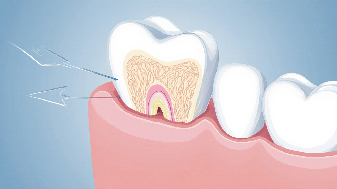 Ilustrace řezu zubu ukazující sklovinu, dentin a keramické sloupky, zdůrazňující citlivost.