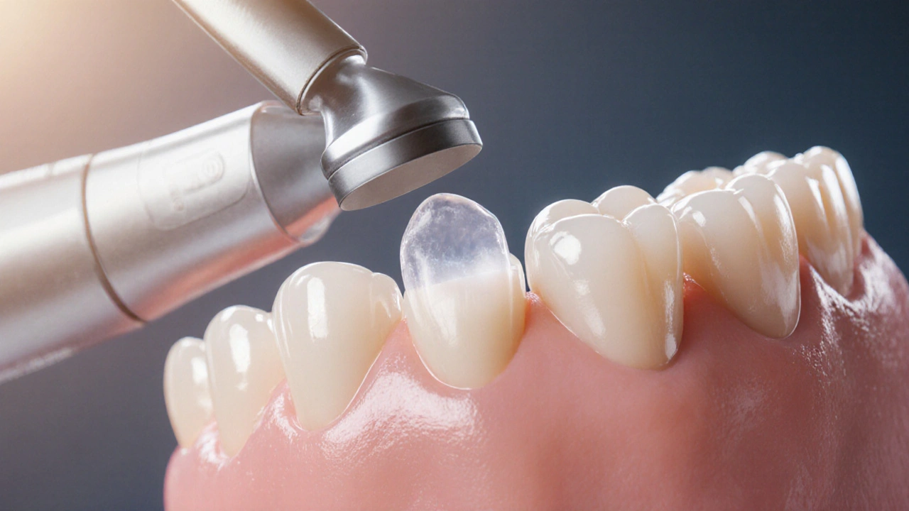 Keramická onlay přesně přizpůsobená zubu, s přirozenou barvou a tvarovou shodou.