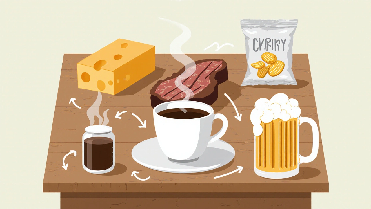 Koláž potravin způsobujících zácpu: sýr, steak, snacky, sirup, káva a pivo.