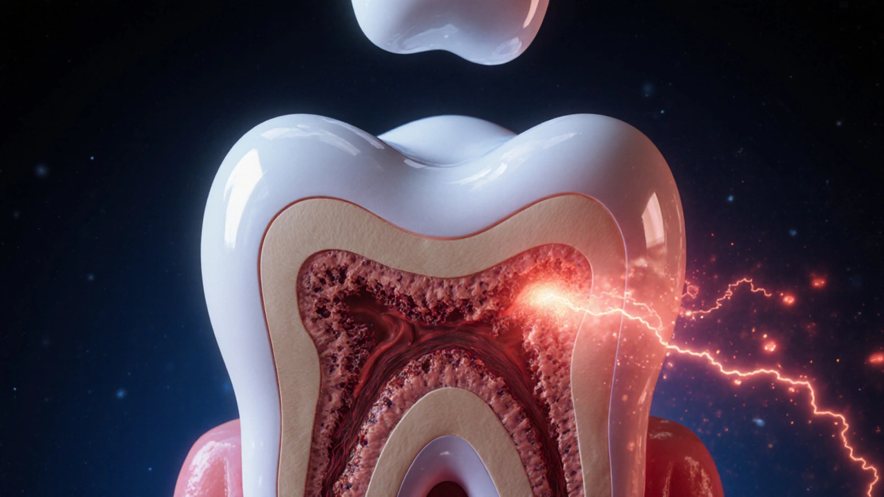 Konceptuální obrázek zubu s živou púlpou na jedné straně a infekcí na druhé.