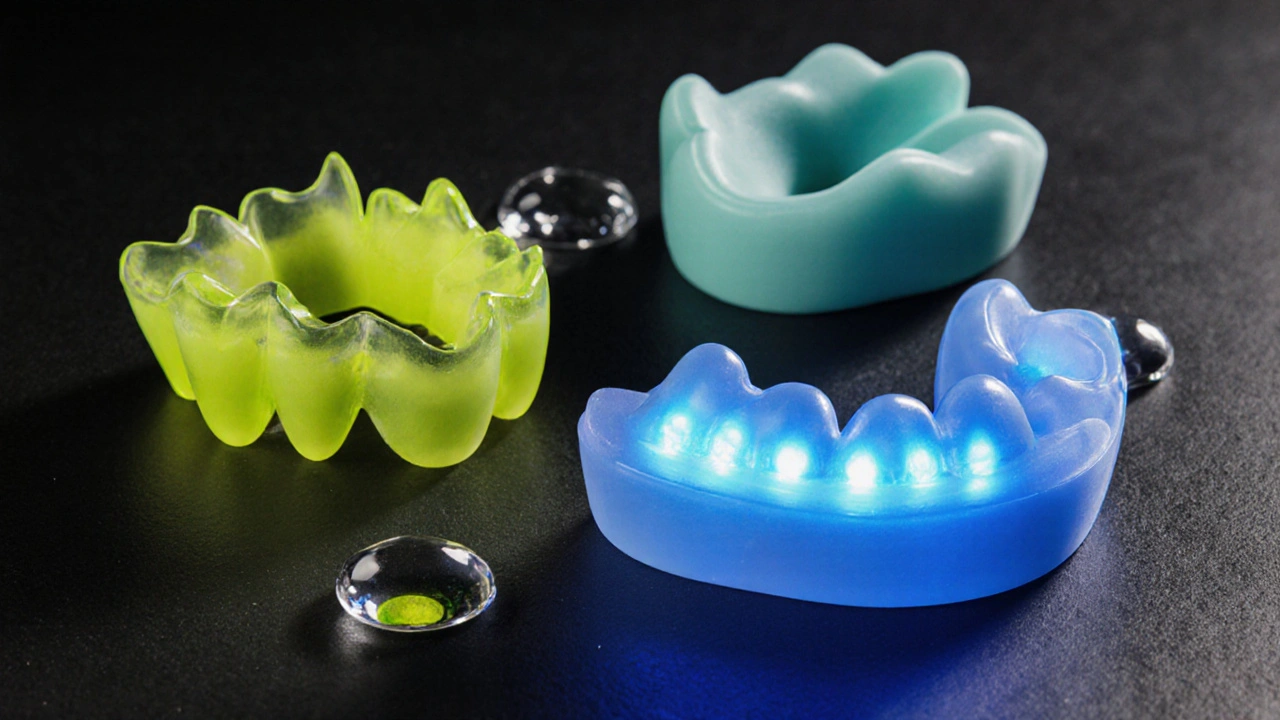 Makro záběr různých nalepovacích zubů – neon plast, silikonová a LED verze na černém podkladu.