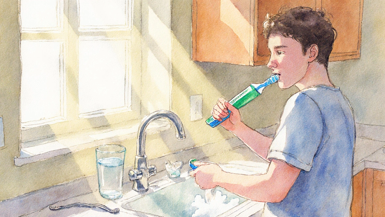 Osoba čistí zuby fluoridovou pastou a používá mezizubní kartáček.