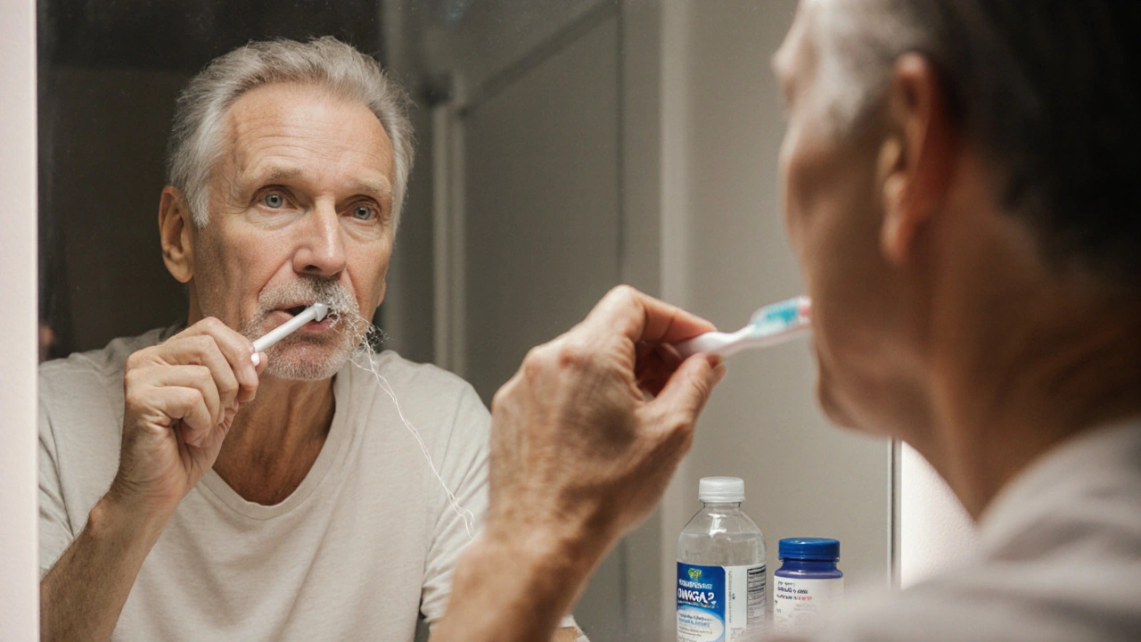 Osoba flossující před zrcadlem s viditelnými zubními potřebami