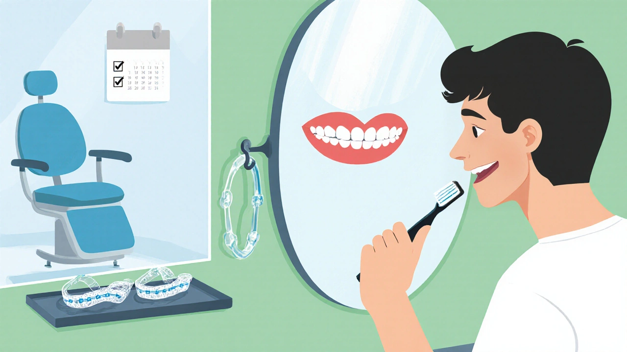 Osoba si čistí zuby, má sportovní chránič a ortodontické nástavce, v pozadí kalendář a zubní křeslo.