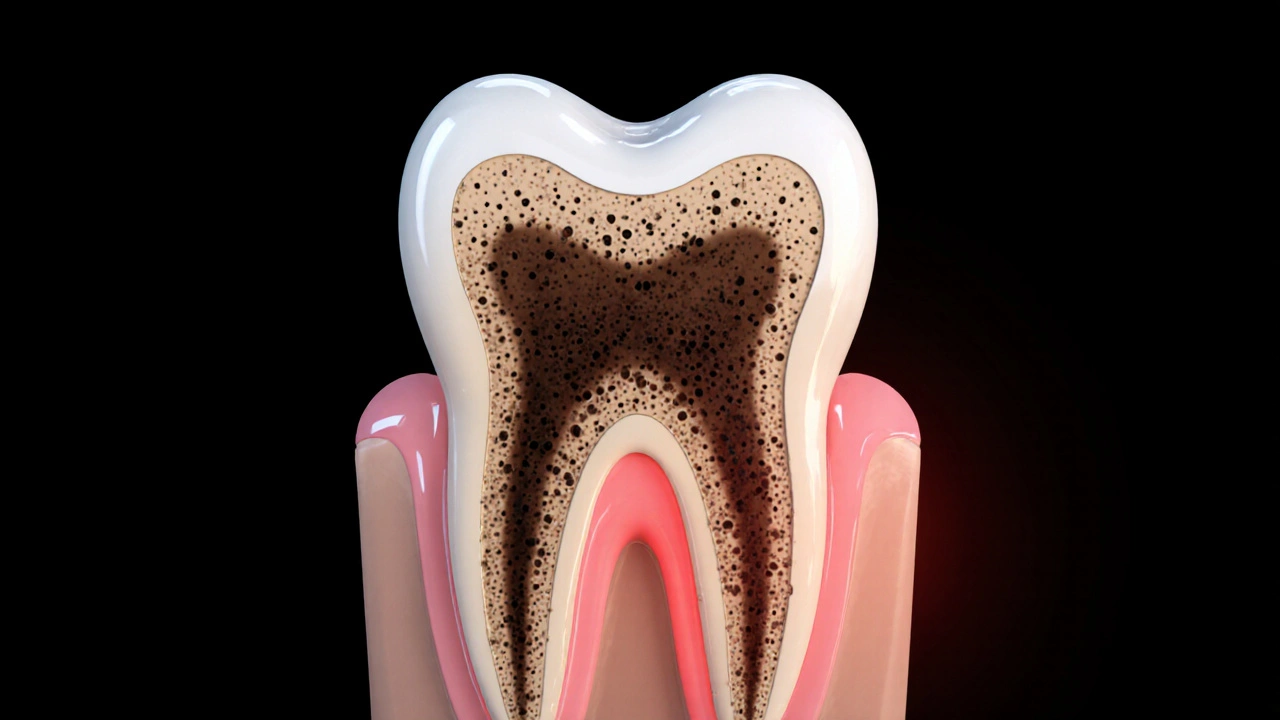 Příčinný řez zubem s kompozitní fazetou a vnikajícími barvivy pod povrchem.