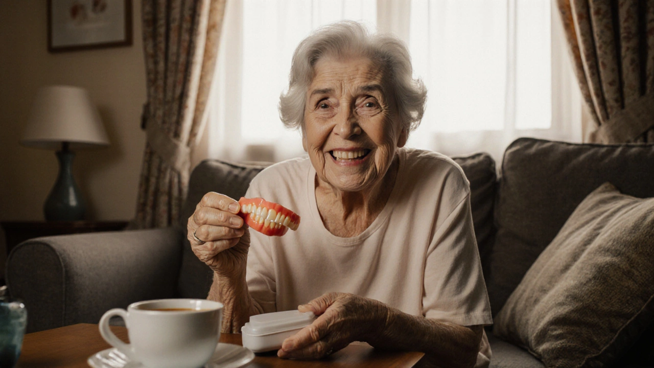 Starší žena se usmívá, drží ve své ruce své vyjmoutelné zuby v domácím prostředí.
