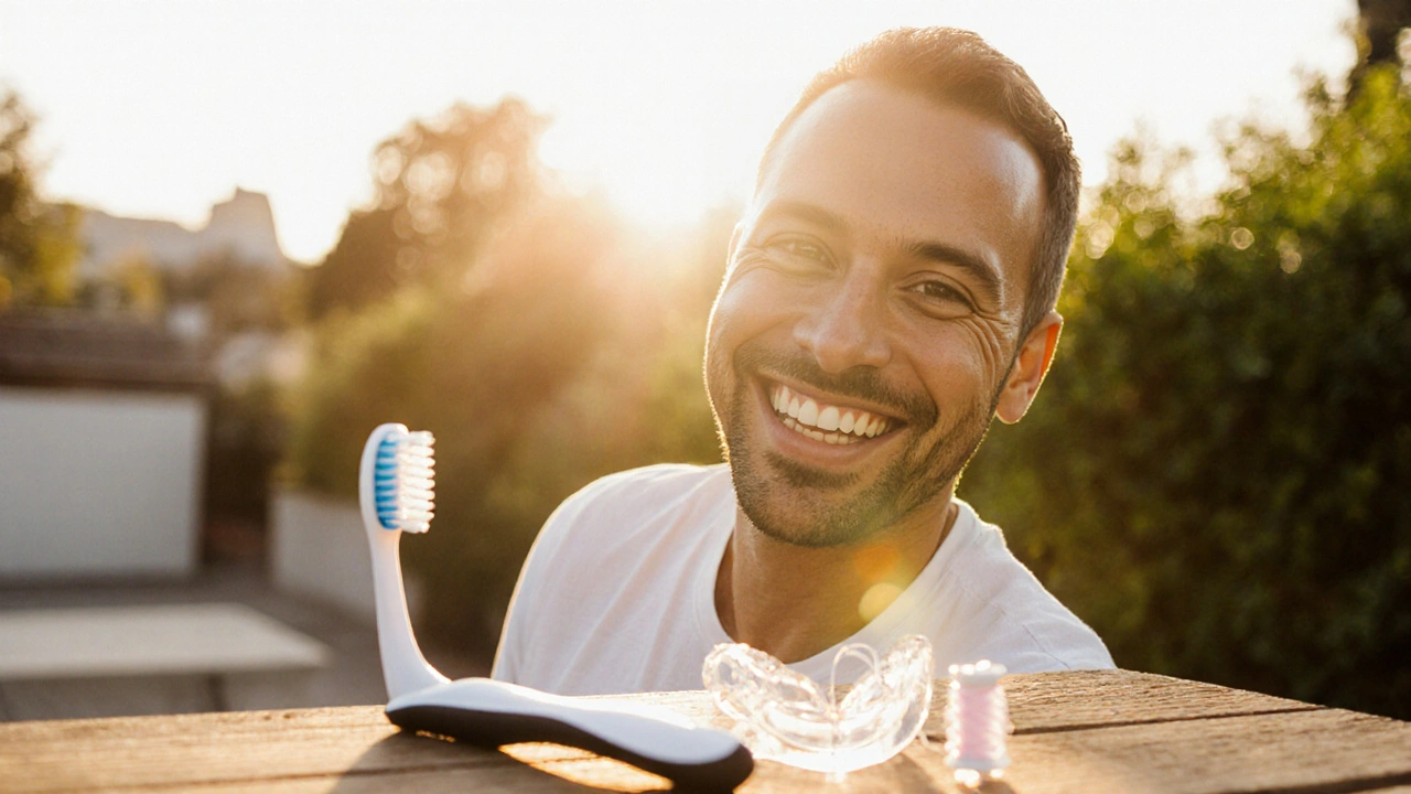Šťastný pacient s bílým úsměvem a nástroji ústní hygieny po instalaci fazet.