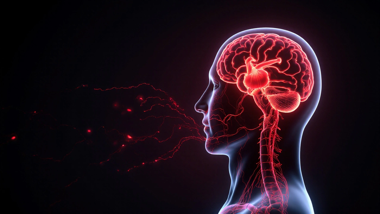 Tělo s červenými cestami šířícími se z úst do srdce a kloubů