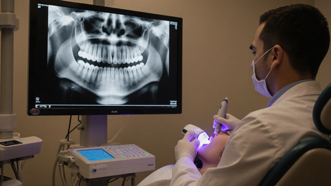 Zubař používá rentgen a laserové zařízení na otevřených ústech pacienta.