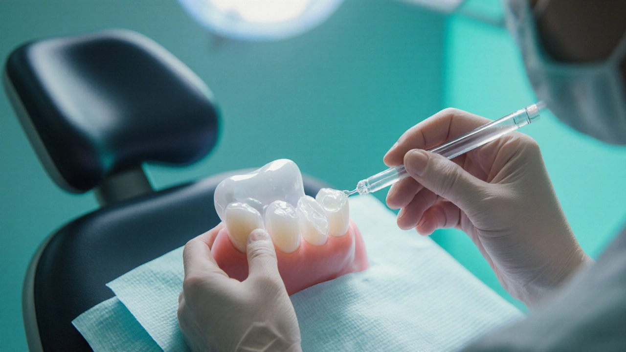 Zubní lékař nanáší fluoridový náplast na povrch zubu.