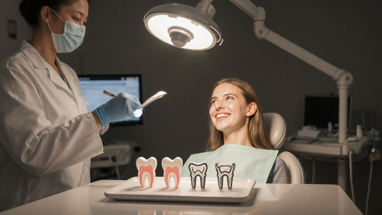 Zubní lékař ošetřuje zlomený přední zub, na stole jsou výplň, korunka, most a implantát.