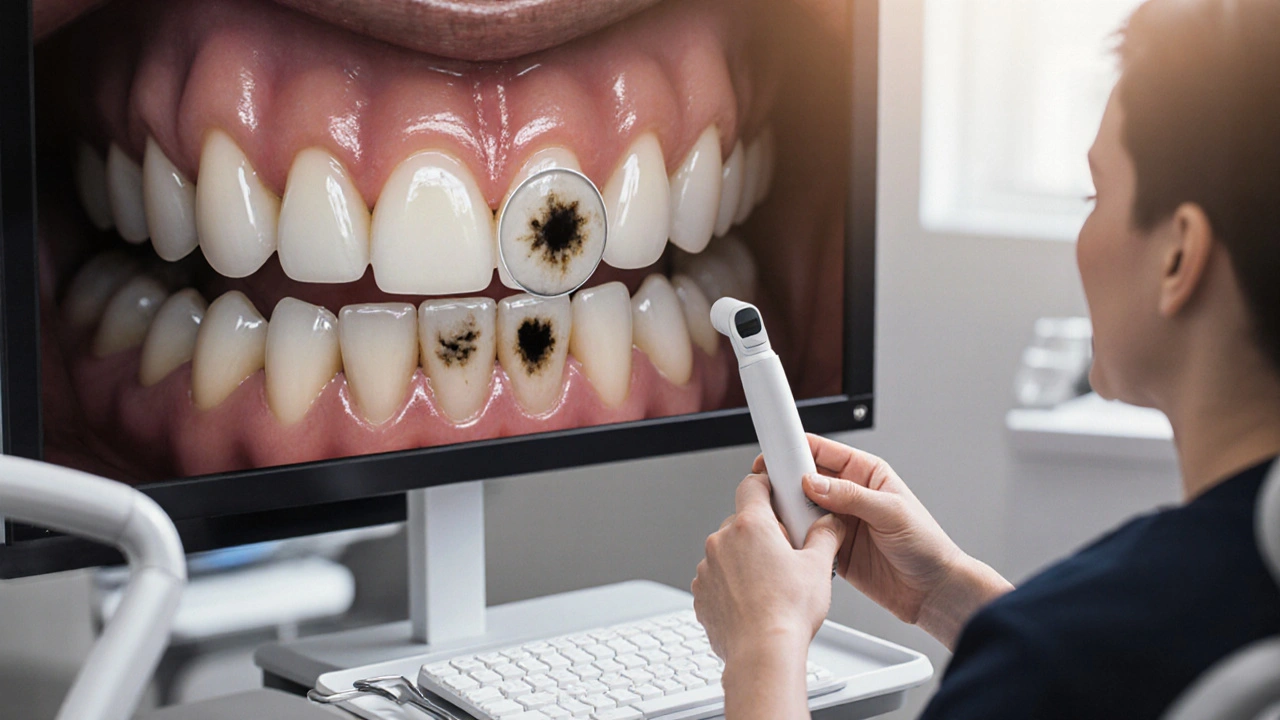 Zubní lékař prozkoumává zub s kompozitní fazetou pomocí vnitřního kamery.