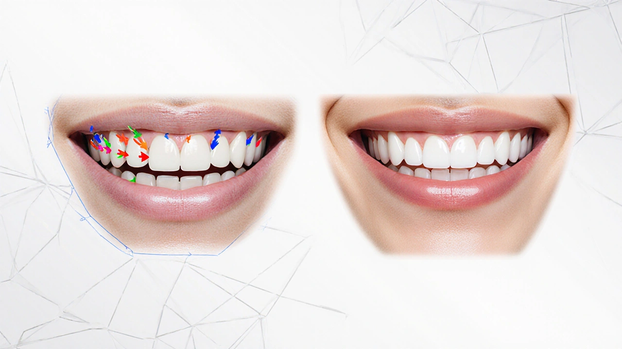 3D porovnání špatně zarovnaných a dokonale zarovnaných zubů s pohybovými šipkami.