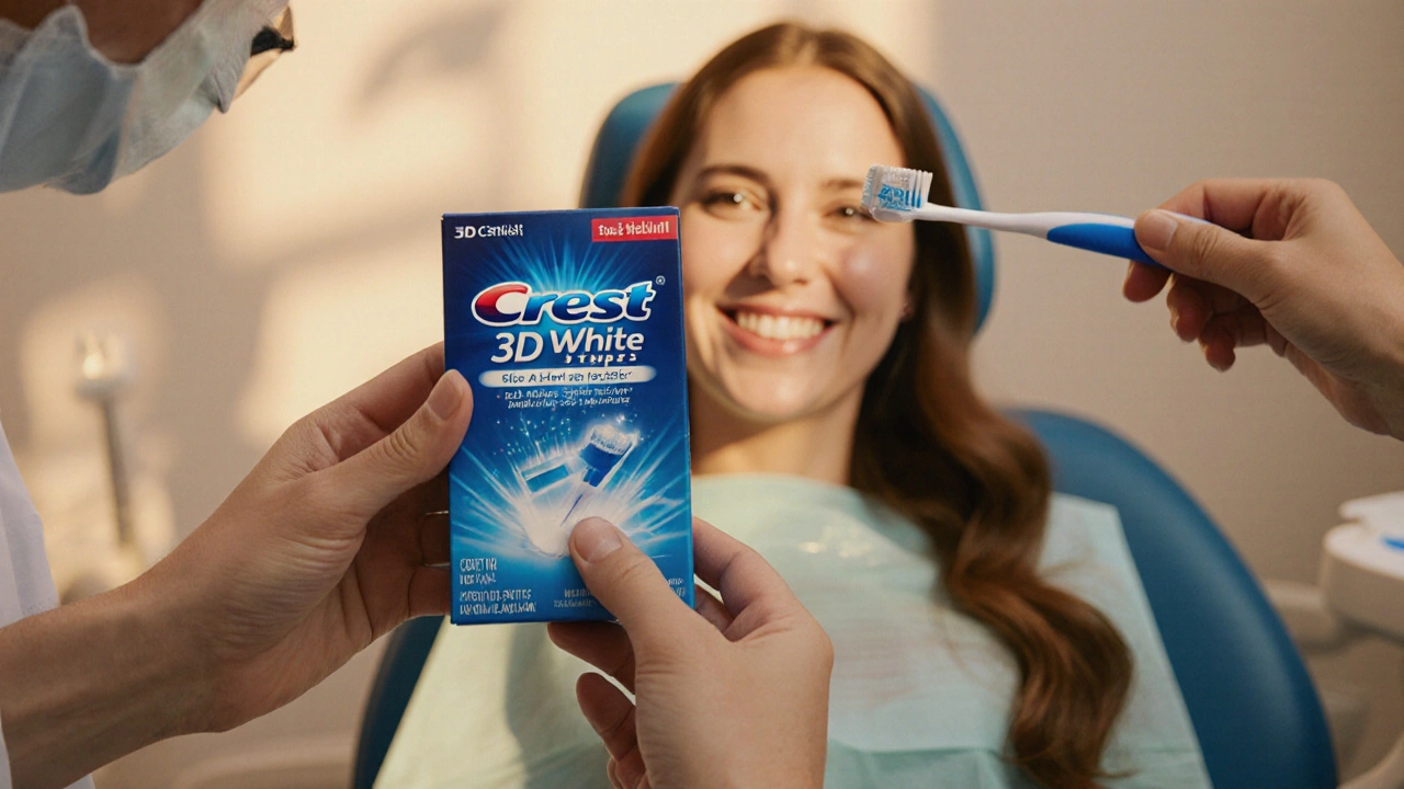 Bělicí pásky vedle zubního křesla – volba mezi domácím a profesionálním bělením.