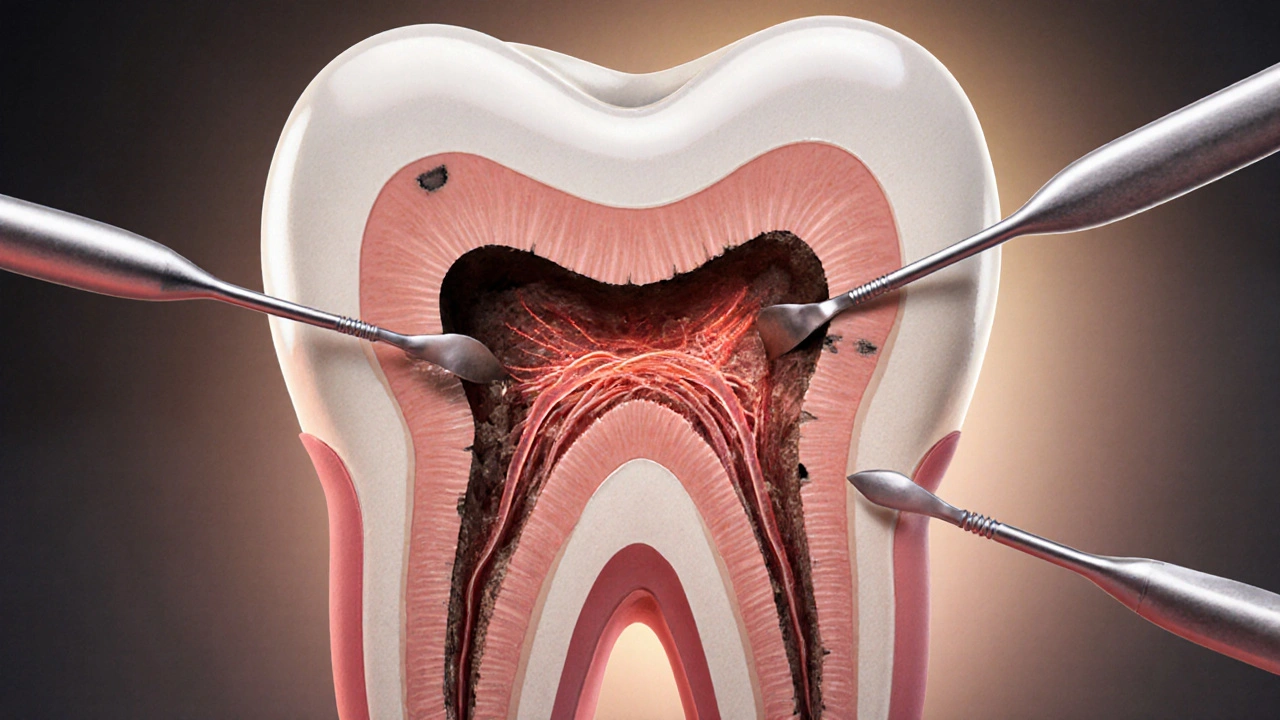 Cross-section of a tooth showing decay progression from enamel to pulp.