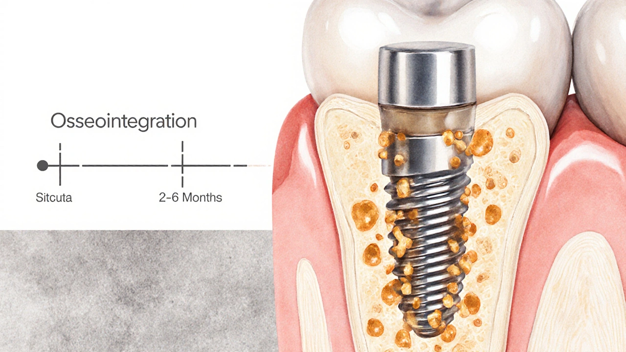Cross-section of jawbone showing bone cells growing around a titanium implant.