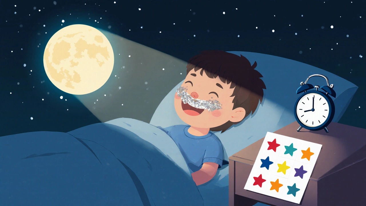 Dítě spí s pohyblivou ortodontickou pomůckou, v pozadí stickerový graf.