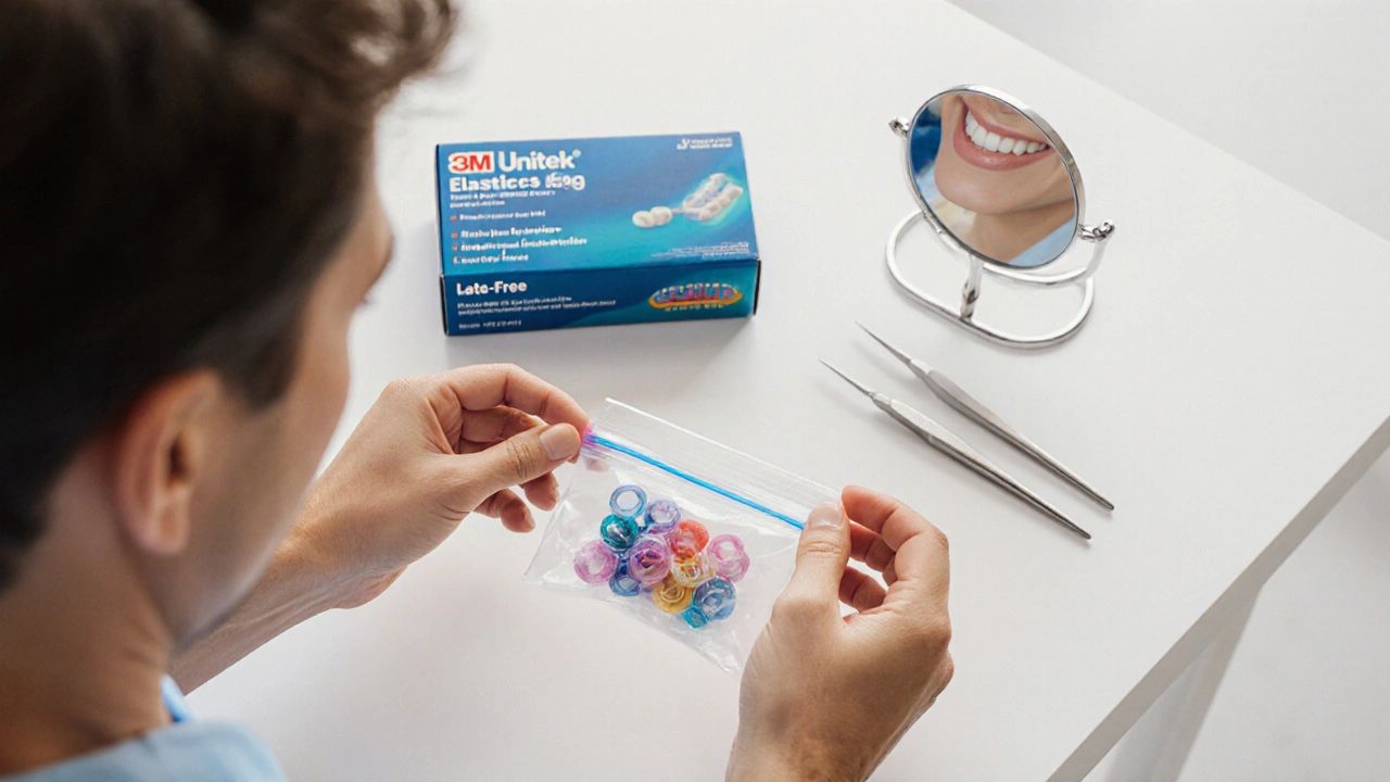 Dospělý drží balíček lékařsky schválených gumiček pro rovnátka