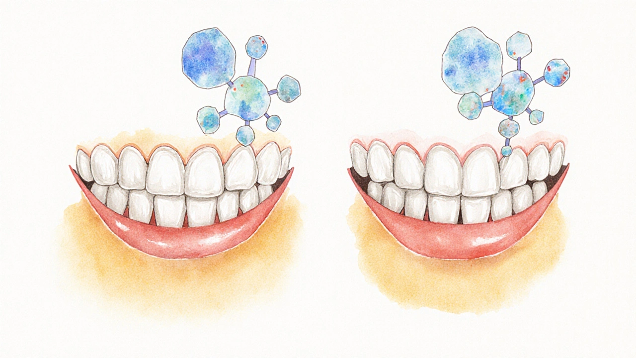 Dva soubory zubů: jeden přirozeně žlutý, druhý osvěžený bělením.