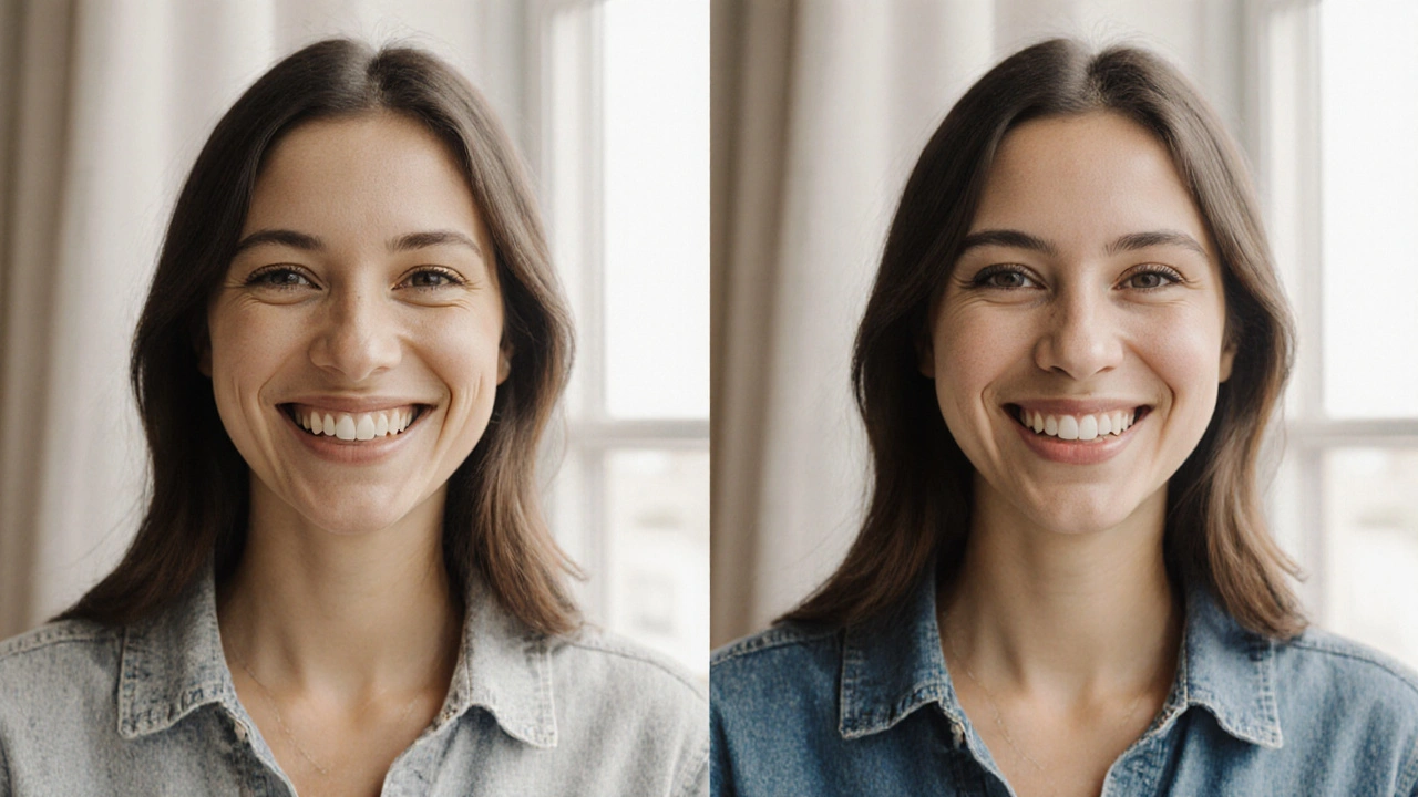 Dva úsměvy: před a po použití bělicích pásek.