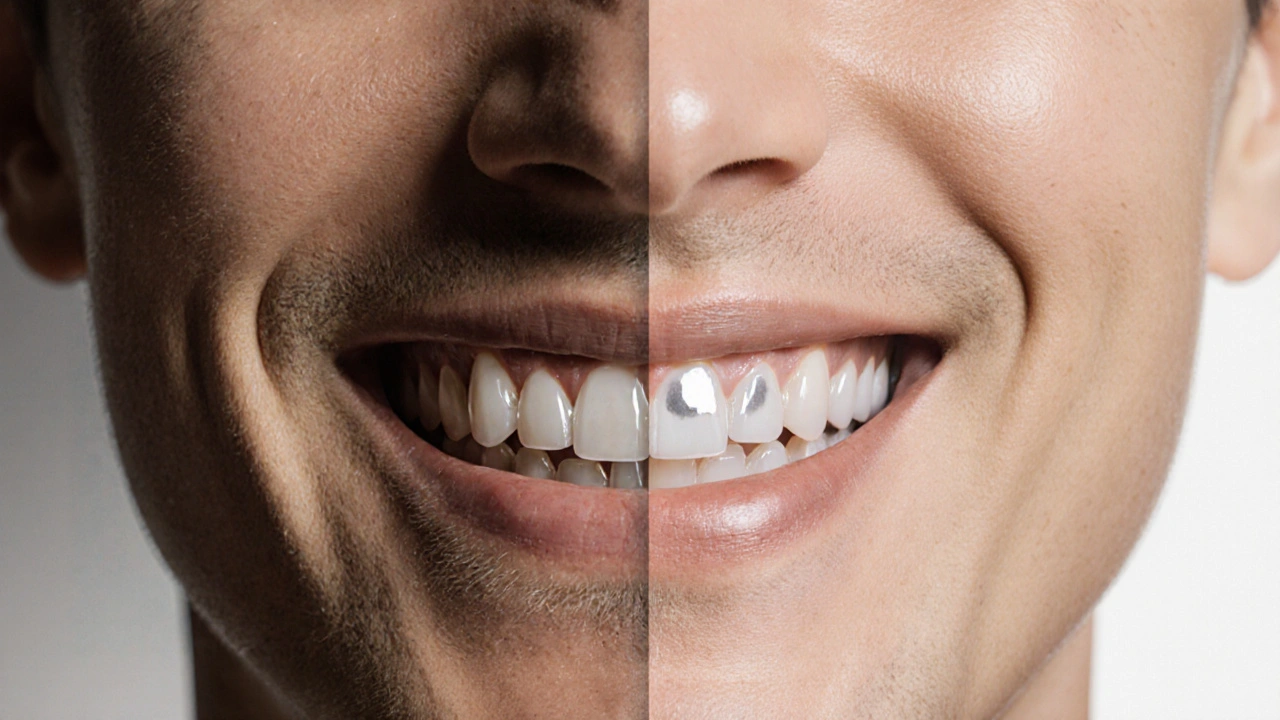 Dvě části úsměvu: jedna strana s poškozenými zuby, druhá s lesklymi keramickými fazetami.