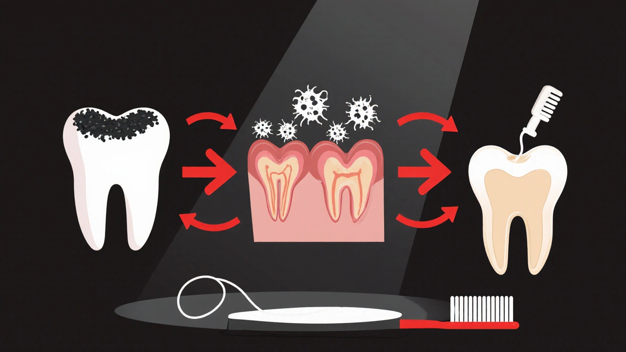 Kaskáda následků zanedbávaného zubního kameně: od kameně k ztrátě zubu.
