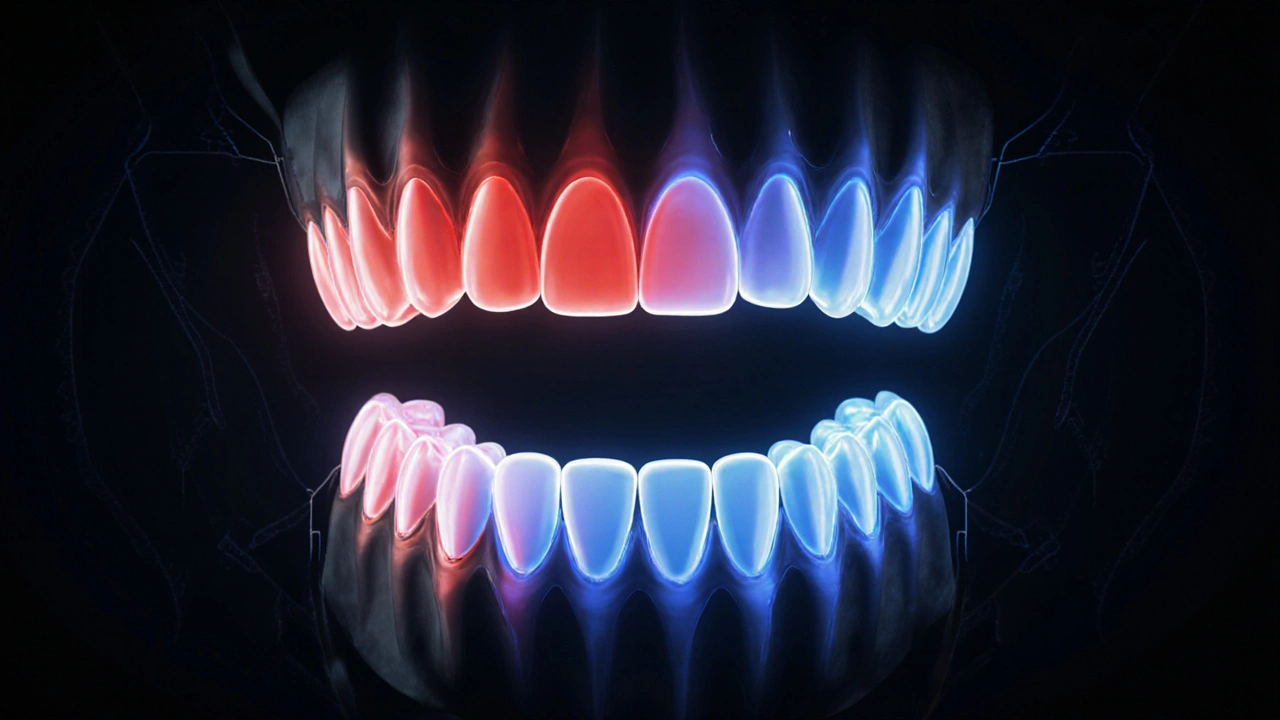 Konceptuální znázornění nerovnoměrného tlaku na zubech a jeho vyrovnání po broušení s vyznačenými oblastmi tlaku.