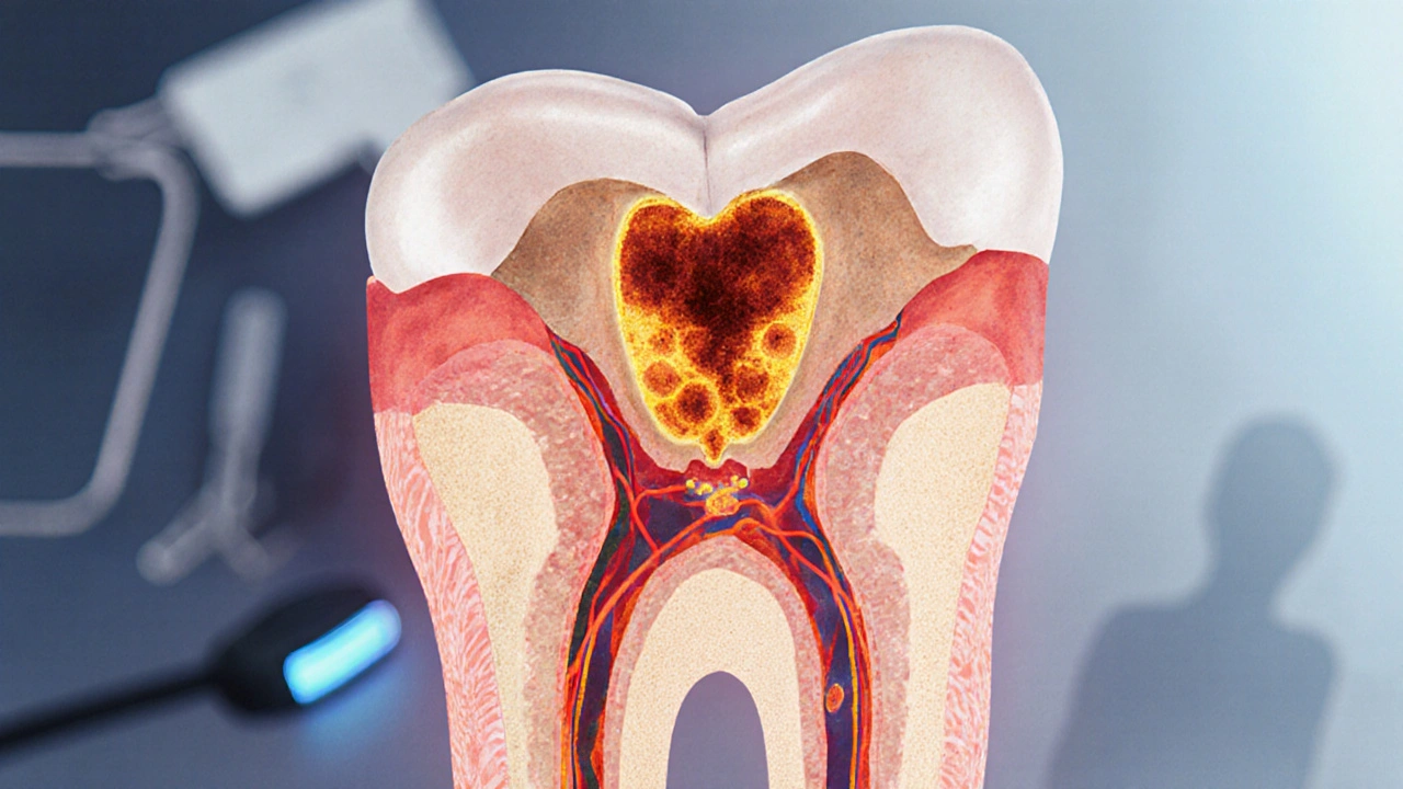 Křížový řez čelisti ukazující šíření maligních buněk v kosti a tkáni.
