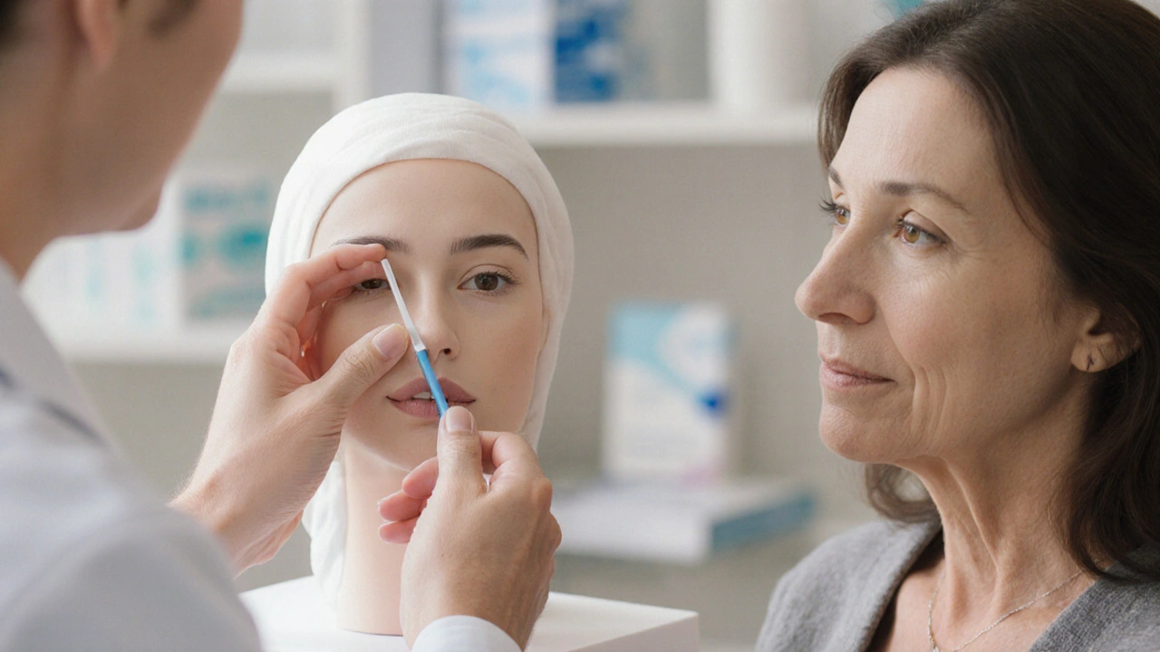 Lékař vysvětluje pacientce jemný estetický zákrok na modelu tváře.