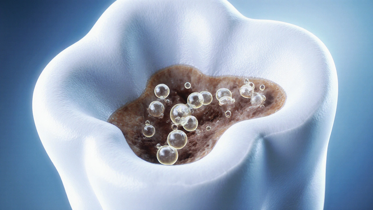 Mikroskopický řez zubem s rozkladem barviv peroxidem vodíku.