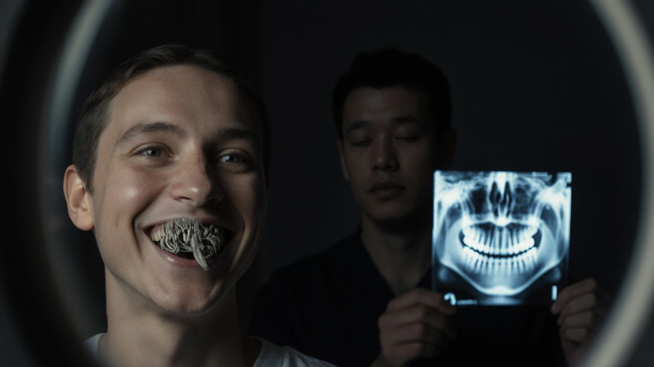 Odrážka osoby s chybějícími předními zuby, nahrazenými kamenem