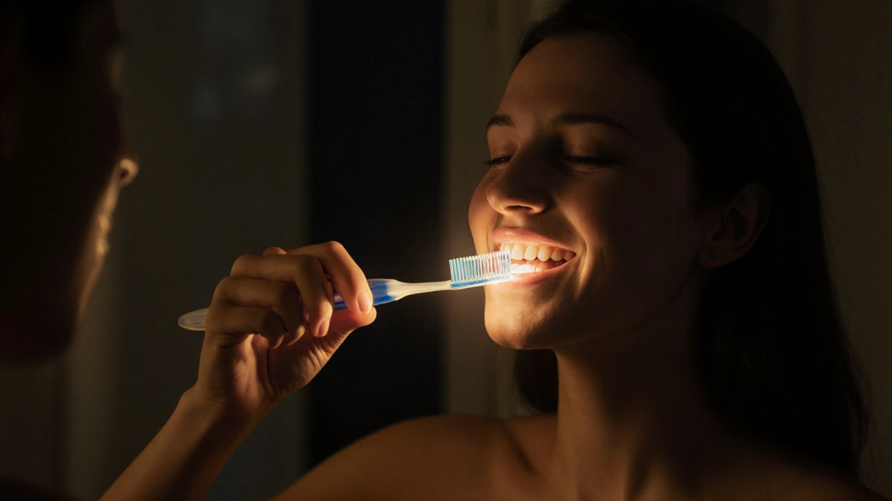 Osoba čistící si zuby večer jako rituál obnovy spánku a zdraví