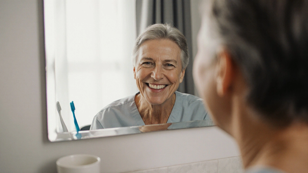 Osoba se usmívá do zrcadla po broušení zubů, viditelně uvolněná čelist a klidný výraz.