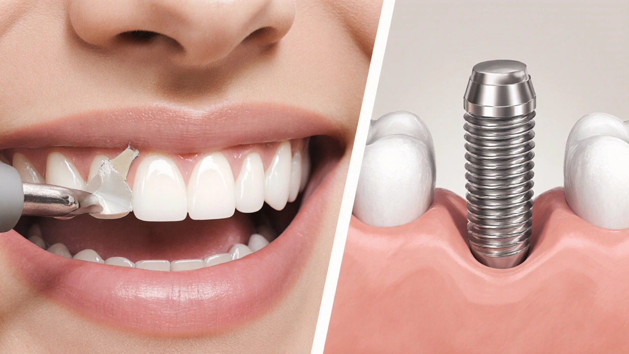 Porovnání keramické fazety a zubního implantátu na předním zubu.