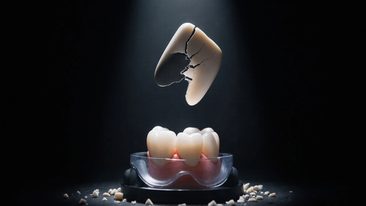 Poškozená fazeta a ochranná deska v dramatickém světle.