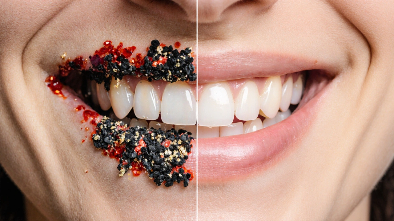 Před a po pískování: tmavý zubní kámen a zánětlivé dásně versus čisté zuby a zdravé dásně.