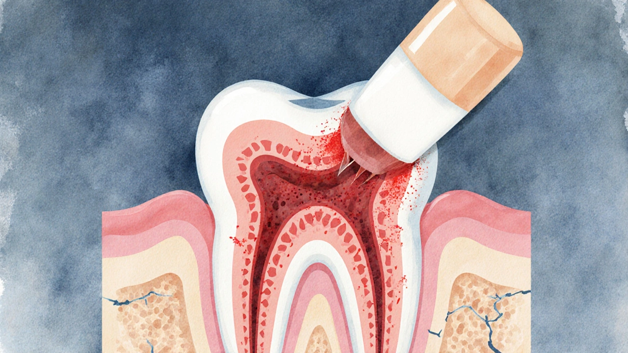 Příčinný vnitřní pohled na zub s zánětem pulpy způsobeným přetížením plomby.