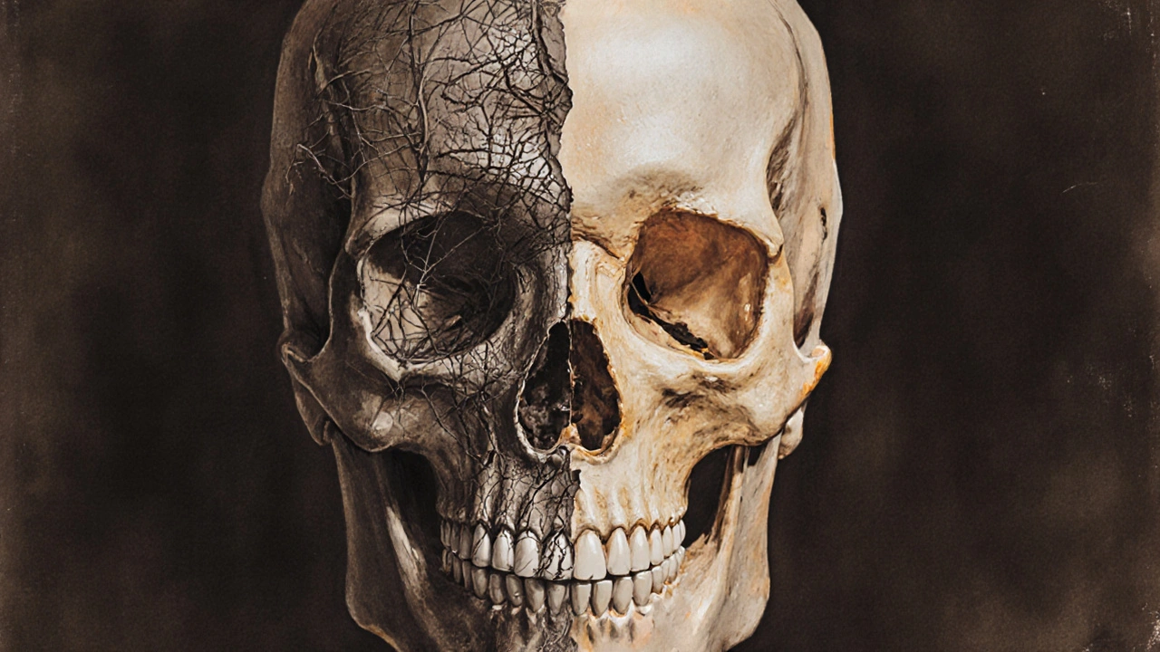 Průhledná lebka s rozšiřujícím se kazem mezi zuby