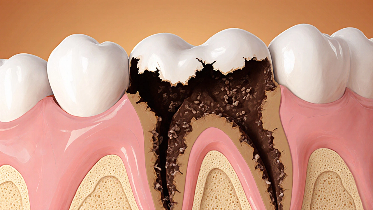 Průřez poškozeného mléčného zubu s kazem mezi zuby a postiženou dření.