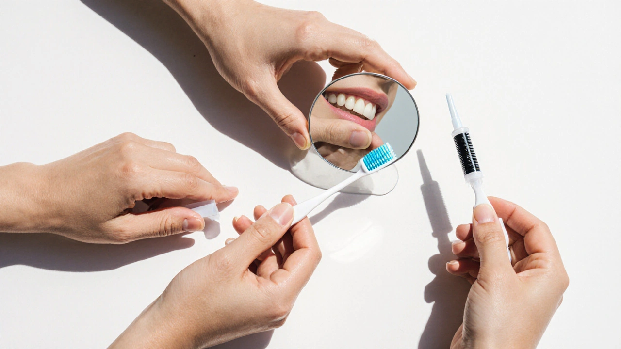 Ruce drží zubní kartáček, zrcátko a nástroj na broušení, symbolizující denní prevenci kazu.