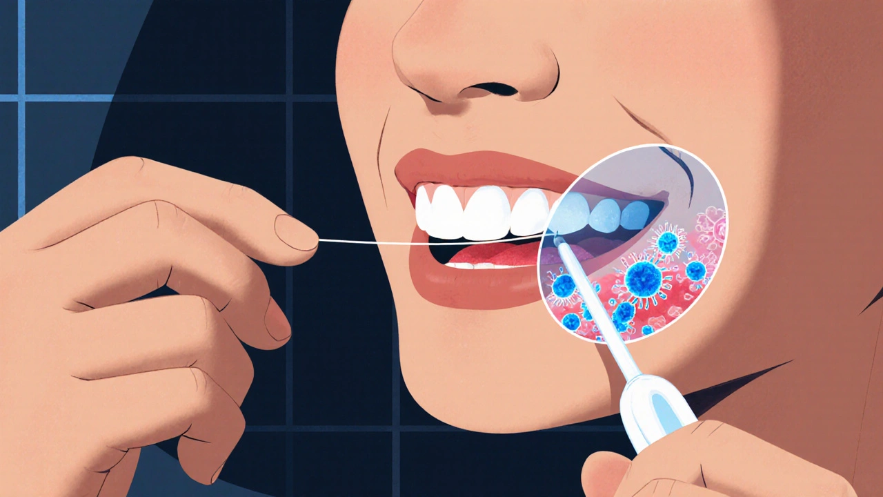 Ruka čistí mezizubní prostor zubní nití s viditelnými bakteriemi