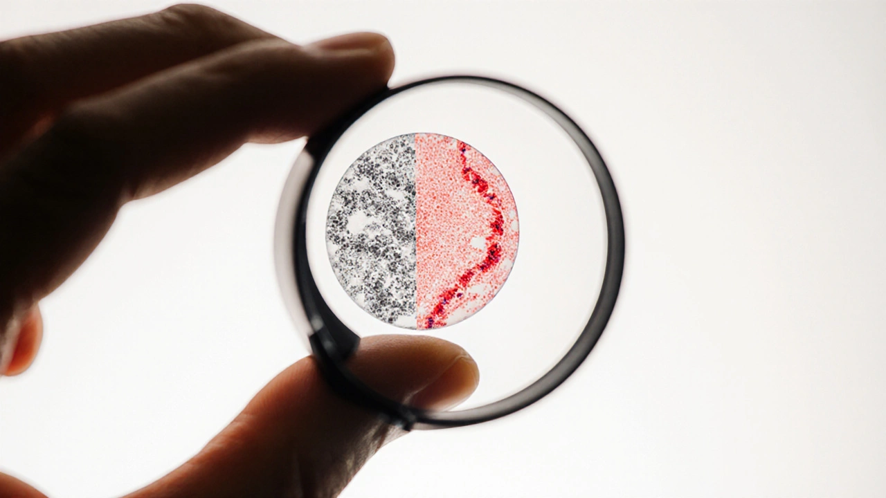 Rukou držený vzorek tkáně pod zvětšovacím sklem s přechodem zdravé a nemocné tkáně.