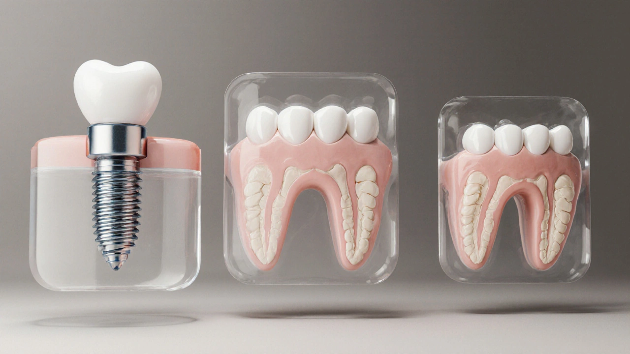 Side-by-side comparison of dental implant, bridge, and partial denture with bone density effects.