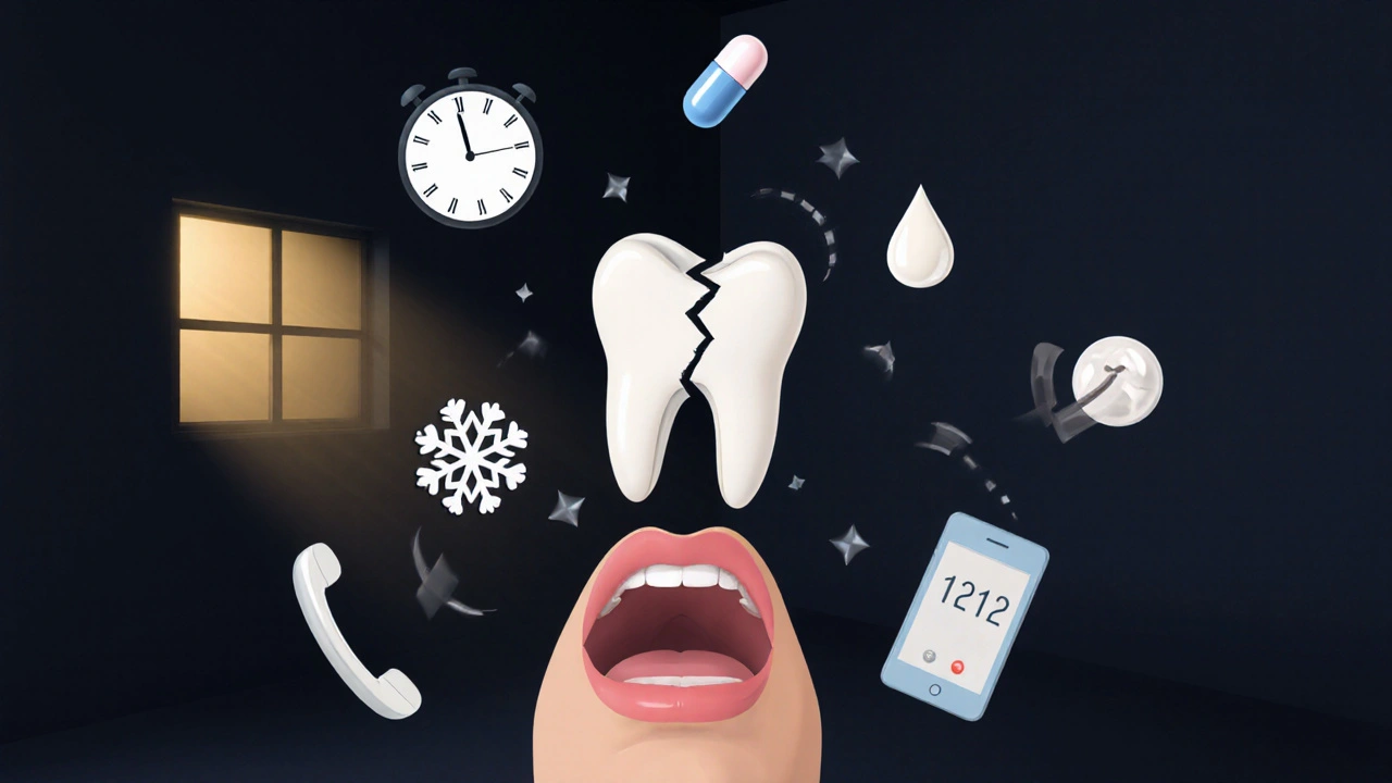 Symbolická scéna s rozdrceným zubem a prvkami první pomoci v temné atmosféře s jasným zářením kliniky.