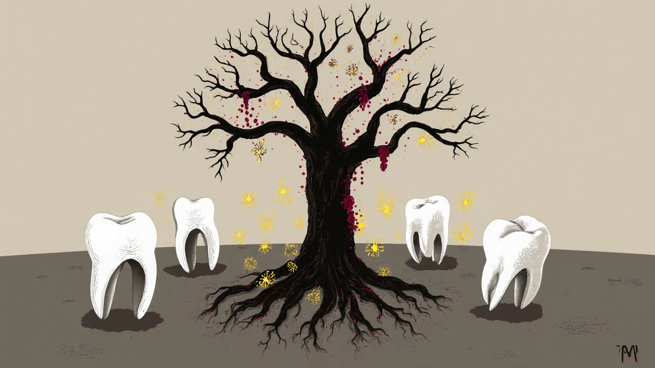 Symbolický obraz mrtvého zubu jako umírajícího stromu s rozpadajícími se kořeny.